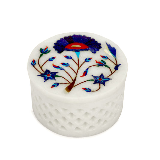 Marble Round Box Filigree Work - Sunflower Design
