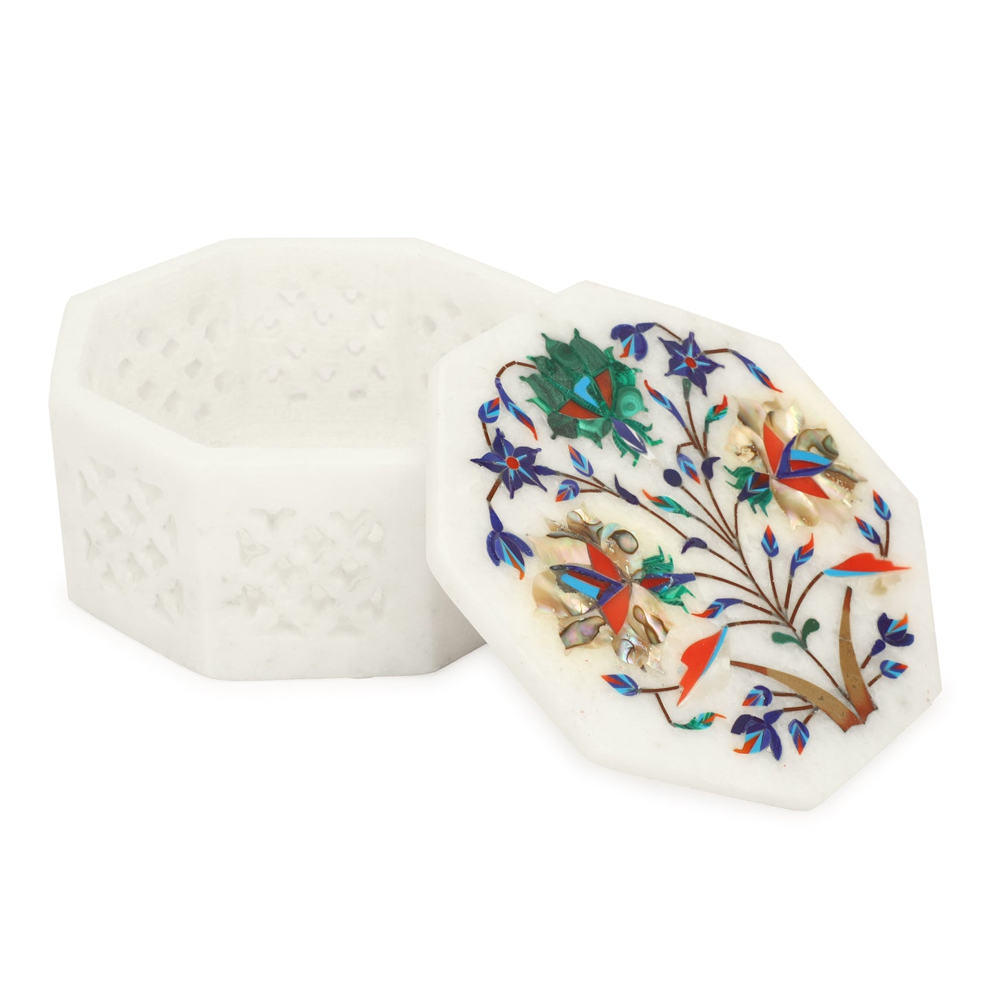 Marble Octagon Box Filigree Work - Rose Design