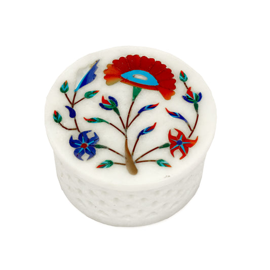 Marble Round Box Filigree Work - Sunflower Design