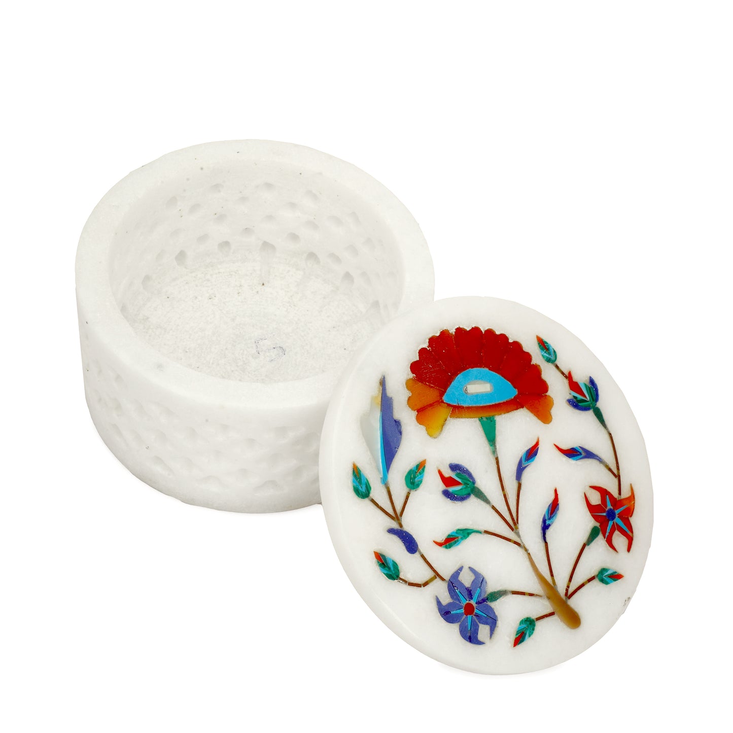 Marble Round Box Filigree Work - Sunflower Design