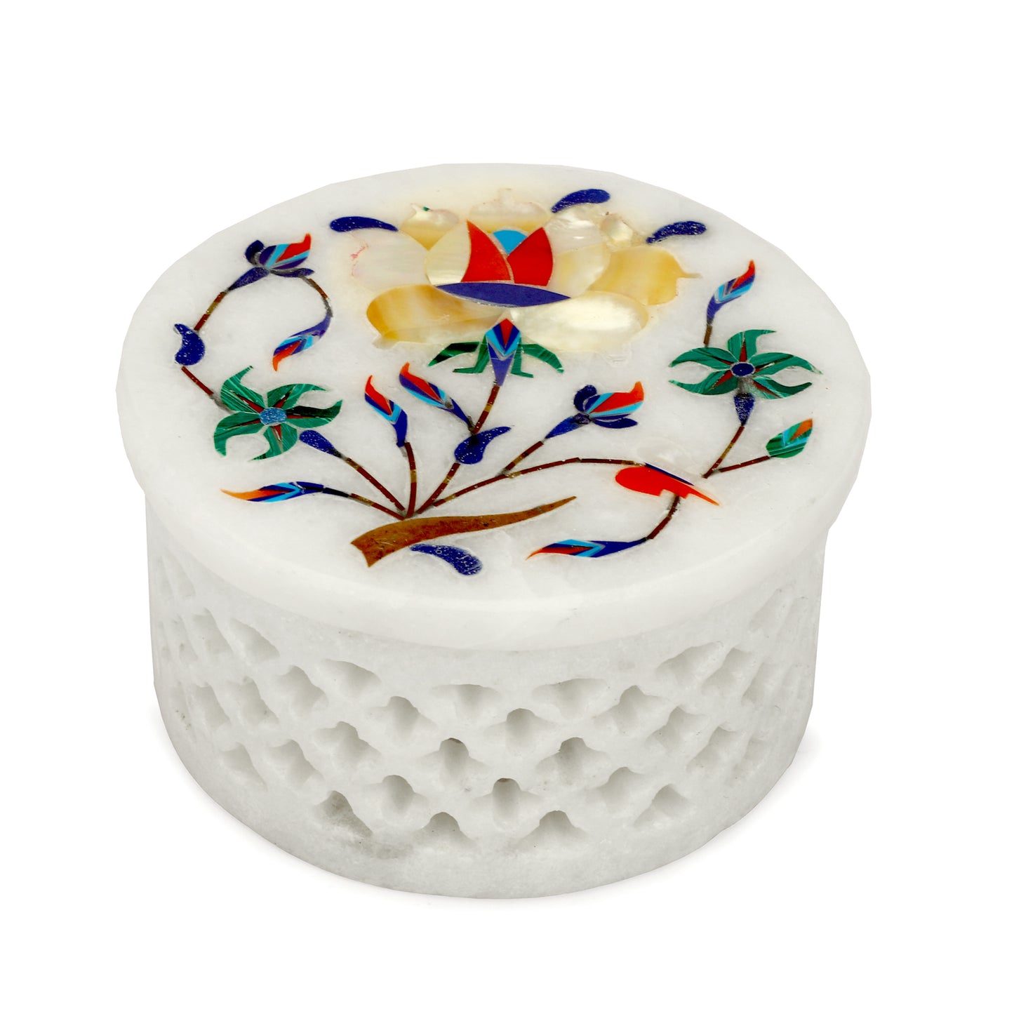 Marble Round Box Filigree Work - Rose Design
