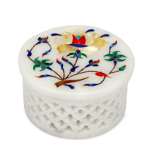 Marble Round Box Filigree Work - Rose Design