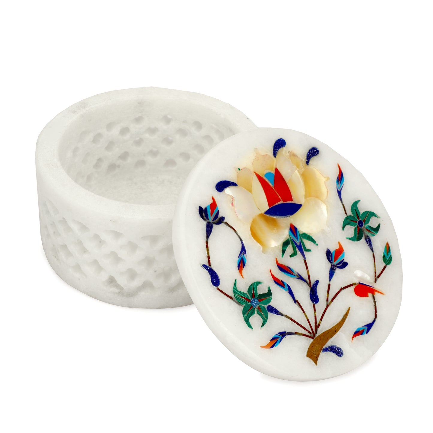 Marble Round Box Filigree Work - Rose Design