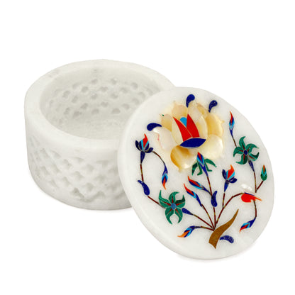 Marble Round Box Filigree Work - Rose Design