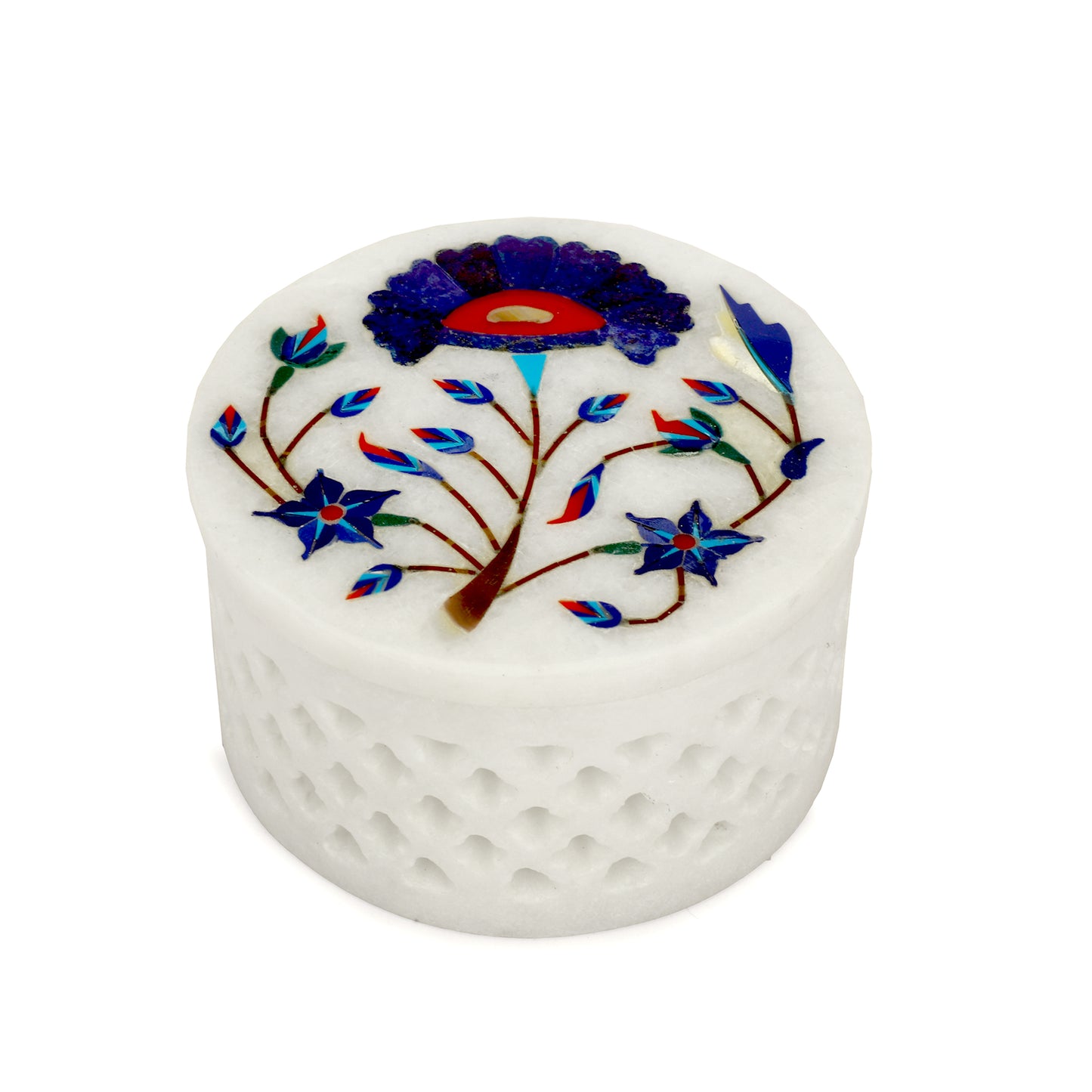 Marble Round Box Filigree Work - Sunflower Design