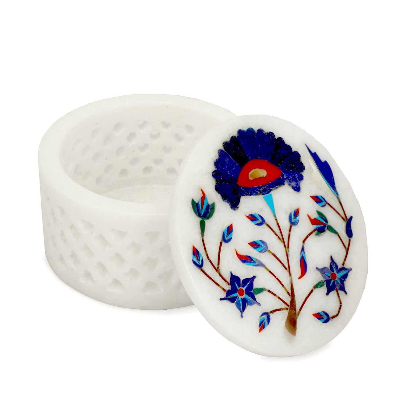 Marble Round Box Filigree Work - Sunflower Design