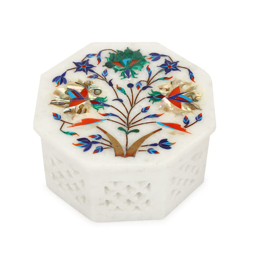 Marble Octagon Box Filigree Work - Rose Design