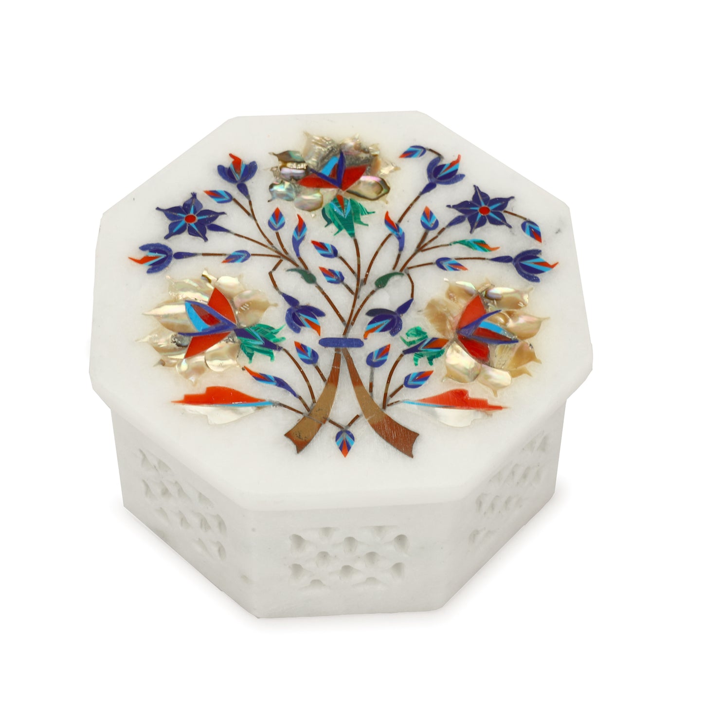 Marble Octagon Box Filigree Work - Rose Design